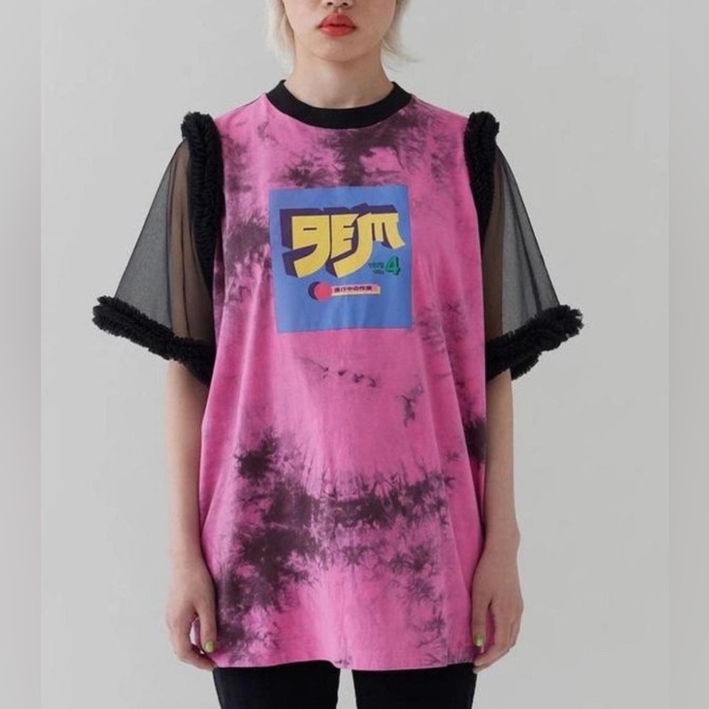 G.E.M. Tie Dye Pink T-Shirt with Black Sheer Sleeves Small